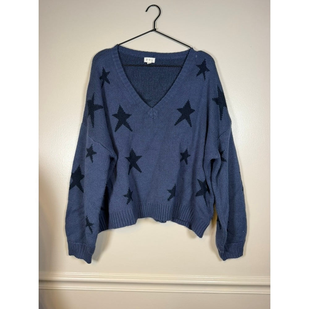 POL Star Print Sweater Women Large Blue Excellent V-Neck Oversized Knit